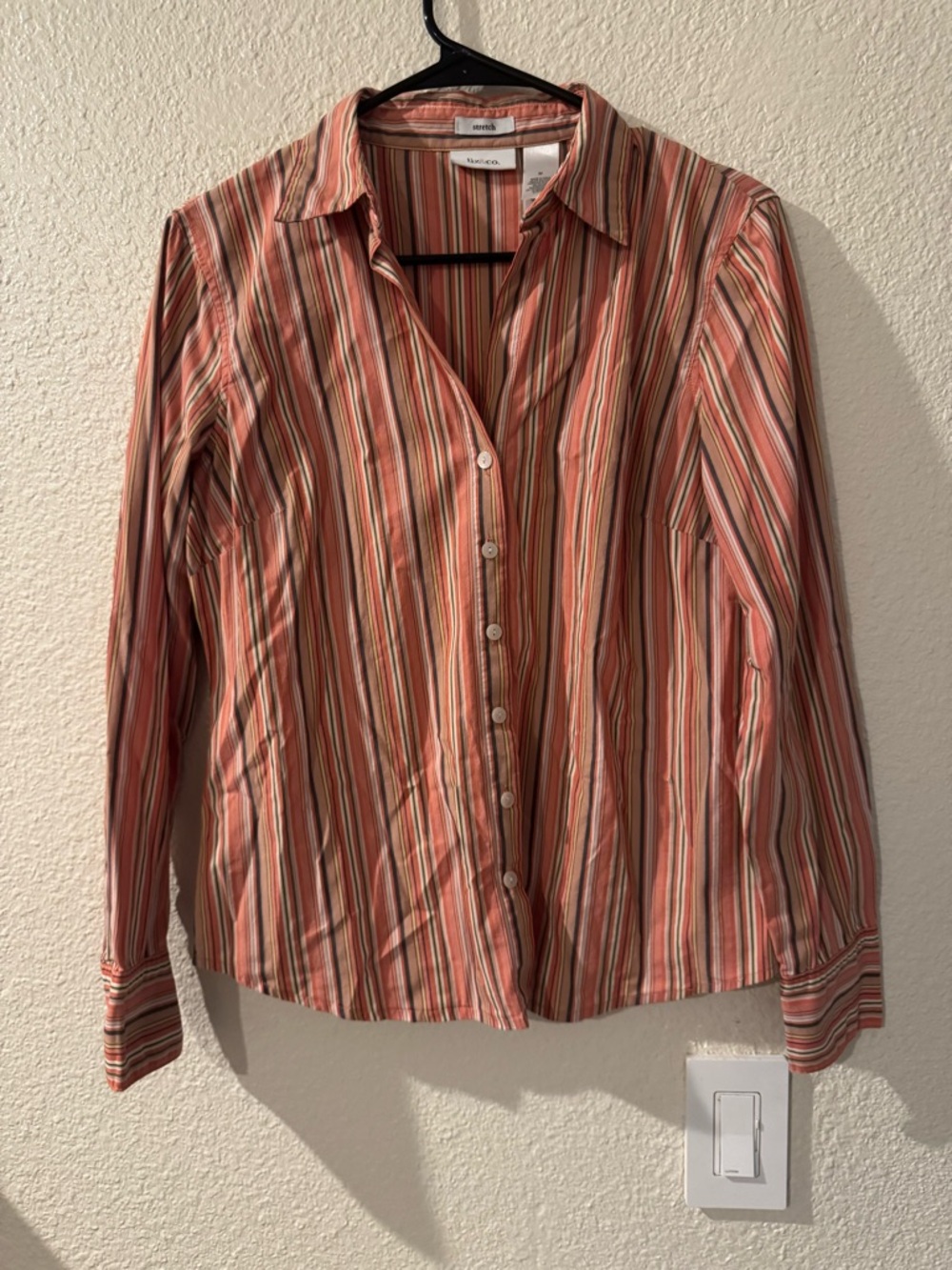liz & co. Striped Button-Down Shirt in Coral, Cream and Gray